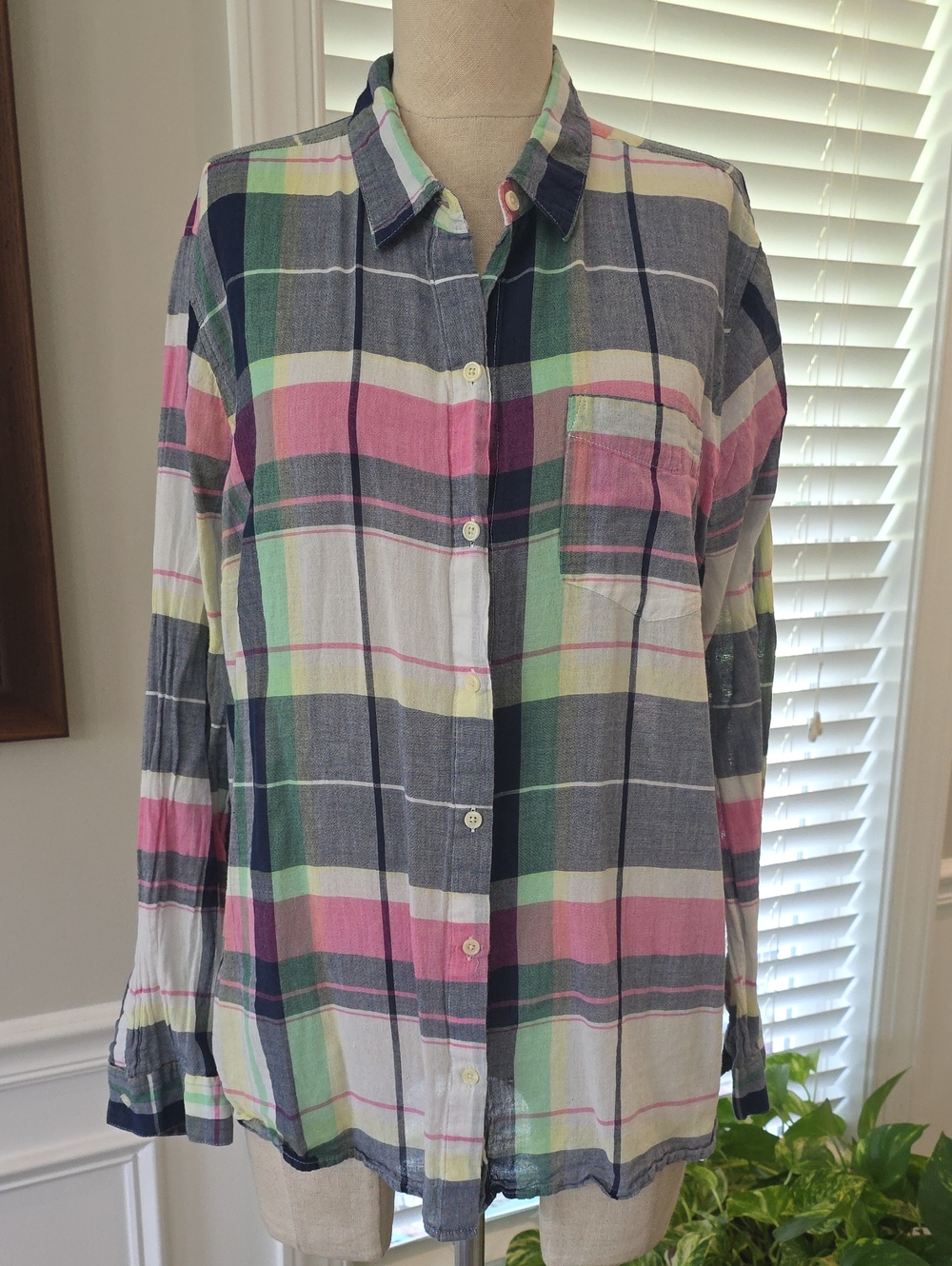 Old Navy Plaid Button-Down Shirt - Pink, Green, Navy